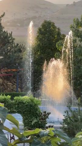 The video opens with a medium shot of a fountain with two jets of water spraying upwards. The fountain is located in a garden setting with lush greenery and trees surrounding it. In the background, rolling hills are visible under a hazy sky, with power lines on one of the hilltops. The lighting suggests it is either early morning or late afternoon, with a warm glow illuminating the scene. The camera remains relatively still throughout the short clip, focusing on the dynamic movement of the water jets and the tranquil atmosphere of the garden.