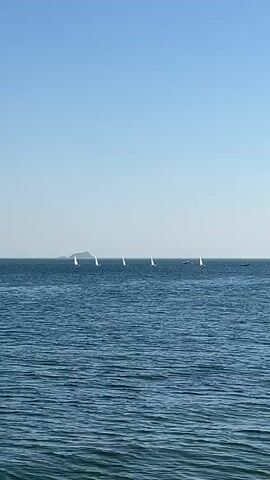 The video shows a wide shot of the ocean under a clear blue sky. In the distance, several sailboats are visible, appearing as small white triangular shapes against the horizon. Further to the left, a small island or landmass is discernible. On the right side of the frame, a small boat or vessel is also present. The water is a deep blue, with gentle waves rippling across the surface. The scene is peaceful and evokes a sense of calm.