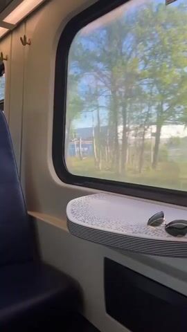 The video captures a view from inside a moving train on a sunny day. The camera is positioned looking out a window, with a blue train seat partially visible to the left. In front of the window, there is a small, round white table with a black striped edge.

Initially, a pair of dark sunglasses rests on the table. The landscape outside the window is a blur of green trees and foliage, indicating movement. At the 0:02 mark, a hand places a clear plastic container with an orange lid onto the table, next to the sunglasses. The container has text on its label, including "AH" and "KIKKERWAPELS," suggesting a food item, likely chickpea wafers from the Dutch supermarket Albert Heijn.

As the train continues, the external view shows more of the railway environment, including what appears to be tracks and a lamppost, suggesting the train might be approaching or leaving a station. The sky is clear and blue, bathed in bright sunlight. Partial Dutch text is visible on a sticker above the window, including "spoedtelefoon hulp bij NS," referring to emergency assistance on the Dutch Railways. The scene depicts a calm train journey in Maarheeze, Netherlands.
