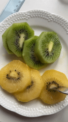 Architect enjoys kiwi lunch while working on drawings in Plovdiv