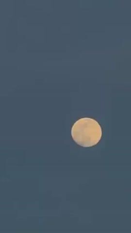 The video shows the moon against a blue sky. The moon is a pale yellow and appears to be nearly full.