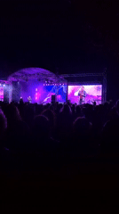 Male vocalist performs nighttime concert with crowd and stage projections