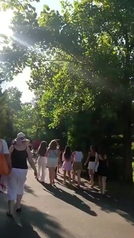 A group of people, predominantly women, walk along a paved path lined with trees. The sun is bright and dappled light filters through the leaves. The people are dressed in casual summer clothing, and some appear to be carrying bags. The scene is peaceful and leisurely, suggesting a daytime outing in a park or similar outdoor setting.