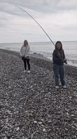 Beach fishing and stone stacking in Pitsunda, Abkhazia