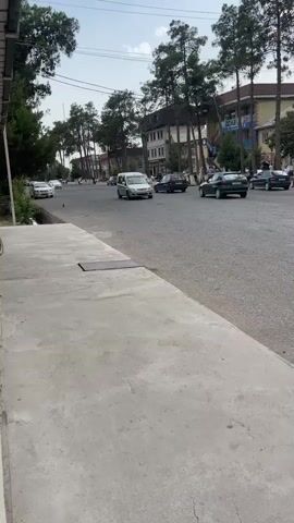 This media file depicts a street scene in Ismoili Somoni, Tajikistan, during what appears to be the daytime, with a mostly clear sky and some clouds. The perspective is from a sidewalk, looking across a paved road where several cars and a blue flatbed truck are in motion.

The subjects include various vehicles: a silver minivan, a green sedan, other passenger cars, and the prominent blue truck laden with large white sacks. There are also a few people visible on the sidewalk in the distance, walking and standing near buildings. The setting is urban, characterized by a paved road, a concrete sidewalk, and a line of tall trees bordering the street. Behind the trees, buildings with multiple stories, including apartments and businesses, are visible. One building has yellow and light blue facade elements, and another displays signs with Cyrillic script, confirming the location.

The activity captured is the flow of traffic on a public street. The truck is moving away from the camera, suggesting transport of goods. The overall mood is one of everyday urban activity. The time of day is likely late morning or afternoon, indicated by the lighting and clear sky. The presence of trees suggests a temperate climate. There is no overt indication of a specific event or strong emotion, but rather a snapshot of routine life.