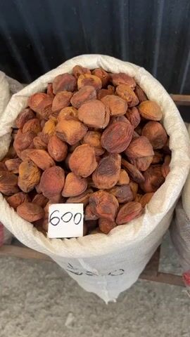 The video pans across two large sacks and two cardboard boxes filled with dried apricots. Each container has a white tag or writing on it indicating a price of "600". The background appears to be an outdoor market stall with a dark corrugated metal wall behind the merchandise. The lighting suggests it is daytime. There are no people visible in the frame.