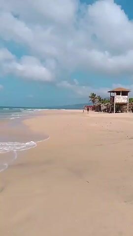 The video shows a beach. In the foreground is a sandy beach with small waves from the ocean lapping up the sand. Further up the beach towards the right of the frame, there are some people walking on the sand near a wooden lifeguard tower with palm trees around it. In the distance, there is a rocky pier and other people swimming in the ocean. The sky is blue with scattered clouds.
