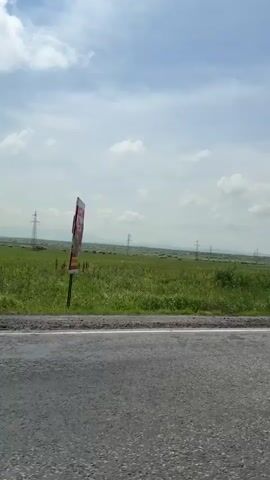 The video shows a view from a moving vehicle along a paved road. To the right of the road is a grassy field with several electrical towers scattered throughout. The sky is blue with scattered white clouds. In the distance, there appear to be rolling hills or mountains. The perspective suggests the camera is looking out from the passenger side of the vehicle.