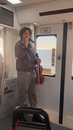 Street musician performs with violin on Spanish train
