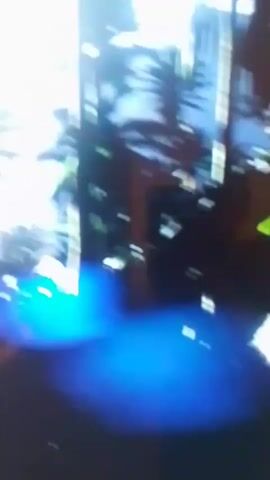 The video shows a dimly lit scene with palm trees silhouetted against a bright sky. There are some blurry, bright blue light effects in the foreground. The camera appears to be moving slowly, with subtle shifts in the perspective of the trees. The overall impression is of a tropical or exotic location, possibly at dusk or dawn, with a slightly surreal or dreamlike quality due to the lighting and lens effects.