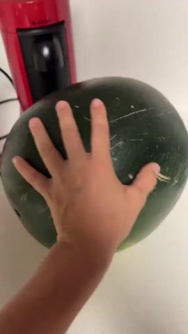A hand is shown resting on a large, dark green watermelon on a white countertop. To the left of the watermelon, a red appliance, possibly a coffee maker, is partially visible. The watermelon has light green stripes and some scratches on its surface. The hand moves across the watermelon in a slow, sweeping motion, with the fingers spread.