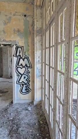 The video begins with a view of an abandoned building interior. The walls are peeling and covered in graffiti, including the word "AMORE" in large bubble letters. There are double doors with glass panes that are partially open. The camera pans to the right, revealing more of the interior and then moves through the open doors to an exterior view. The exterior shows a balcony or porch with a wooden railing. Beyond the railing, there are many tall evergreen trees and a view of the ocean and distant landscape under a clear blue sky. The floor of the balcony appears to be tiled.