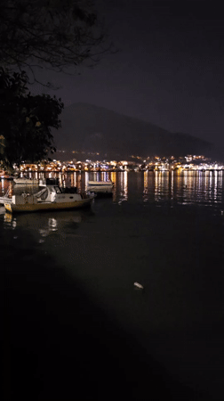 Calm bay waters reflect city lights in Fethiye, Turkey
