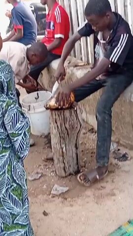 The scene depicts several individuals in an outdoor setting. A person is meticulously cutting a cooked animal head on a wooden stump with a knife, while others nearby are either cleaning or observing. A white bucket sits on the ground. There are several people sitting on a wall in the background. The environment appears to be a street or communal area, with hints of a building in the background.