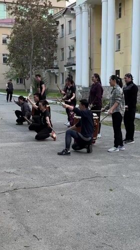 Taiko drum group performs outdoors in Bishkek, Kyrgyzstan