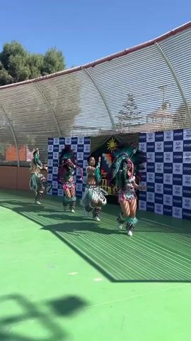 Four individuals in colorful, feathered costumes are dancing in a line on a green surface. They are moving from left to right in the frame. The background features a white, corrugated metal structure above a banner with a checkered pattern and a logo that appears to be a sun with rainbow rays. The overall environment suggests an outdoor event or performance. The dancers are performing synchronized movements, with arms raised and legs bent. Their costumes include feathered headdresses, ornate tops, and decorative leg wraps. The lighting indicates it is daytime, with bright sunlight casting shadows on the green surface.