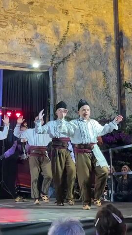 This video shows a group of people dancing on a stage. Three boys in the foreground are wearing traditional costumes consisting of white shirts with striped collars and cuffs, dark belts, and brown pants with decorative stitching. They are also wearing black hats. Their arms are raised in unison. Behind them, other dancers are visible, some wearing similar attire and others in darker clothing. The stage is lit with blue and purple lights, and a black curtain hangs behind the dancers. The backdrop appears to be an old stone wall with ivy growing on it. In the lower part of the frame, the heads of audience members can be seen. The video is captured from a slightly low angle, looking up at the performers.