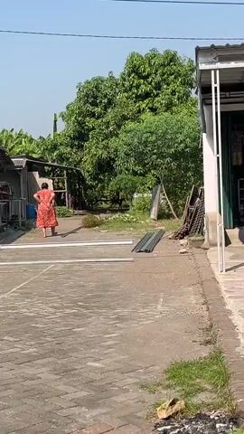 A person wearing a red dress walks away from the camera on a paved outdoor area. Behind the person, there are trees, buildings, and some metal objects lying on the ground. The sun is shining, and the sky is clear.