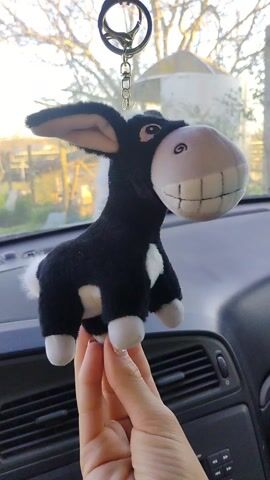 In the interior of a car, a hand holds up a plush donkey keychain. The donkey is primarily black with a large, smiling white face, white hooves, and a white patch on its chest. It hangs from a silver keyring attached to a small gold chain. Outside the car window, there is a view of trees, a fence, and a building with a rounded roof. The dashboard of the car is dark grey, and the ventilation slots are visible. The hand holding the donkey has manicured nails.
