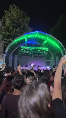 A crowd of people at a concert. A DJ on stage with a large screen behind them. The stage lights change color from green to red, then to blue. Flames erupt from the stage.