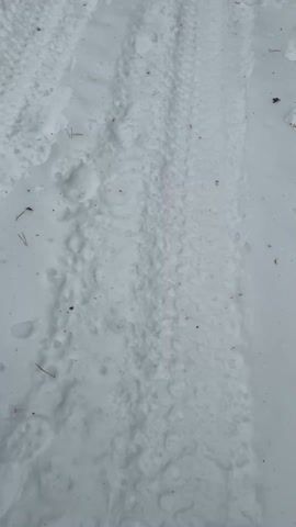 The video opens on a snow-covered path flanked by trees. Tire tracks are visible in the snow. Further down the path, three ATVs are parked side-by-side, facing away from the camera. A person in camouflage clothing is walking towards a building on the right side of the path. The camera then shifts to show a person in a white vest and dark hooded sweatshirt holding a phone and looking toward the ATVs.