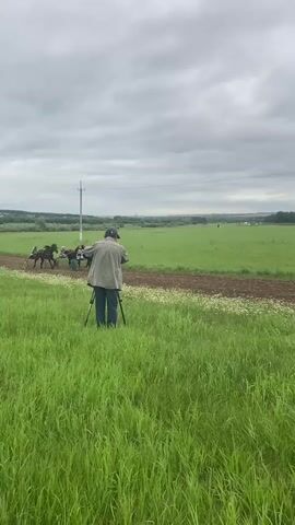 A person stands in a grassy field holding a tripod with a camera. In the background, several horses are pulling carts on a dirt track. The horses are running at a fast pace. The sky is overcast. The overall scene appears to be a horse race or a training session.