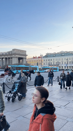 Pedestrians gather near horse carriage in Saint Petersburg