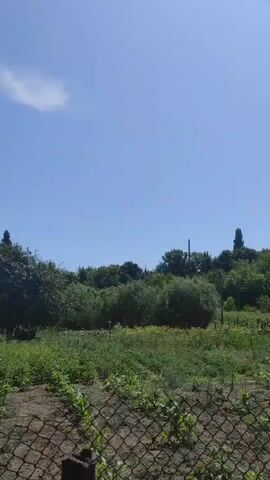 The video captures an outdoor scene on a clear, sunny day with a bright blue sky and scattered clouds. In the foreground, a chain-link fence runs horizontally across the bottom of the frame, with a brown post visible on the left. Beyond the fence, a garden area with rows of small green plants is visible on tilled soil. The middle ground features lush green vegetation, including bushes and trees. In the background, a hilly landscape is covered with dense trees, and two tall, slender trees or structures are visible on the crest of the hill on the right. The overall environment appears to be a rural or semi-rural area, possibly a backyard or allotment garden. The camera appears to be handheld and moves slightly, panning from left to right.