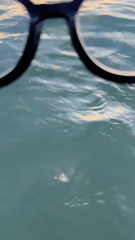 A pair of black-rimmed glasses are held up in front of a body of water with waves. The lenses of the glasses show a sunset with an orange and yellow sky, with some clouds visible. The water in front of the glasses is a murky green. A hand is visible holding the right arm of the glasses.