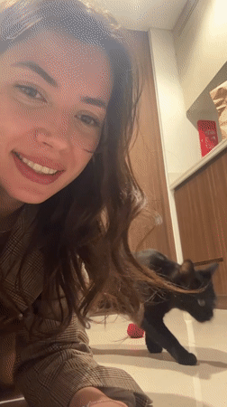 Woman films playful interaction with black cat in Dubai apartment