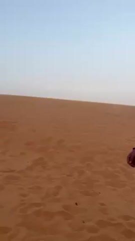 A couple is on a sand dune in the desert. The man has no shirt on, and is wearing jean shorts. The woman is wearing a brown bikini top and brown pants with a scarf tied around her waist. The man lifts the woman and carries her around a little bit. They kiss several times.