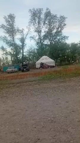 The video opens on a dirt road in front of a grassy area with trees. Several yurts are visible, along with a few people. A dark-colored car drives past the camera, partially obscuring the yurts. The car continues to drive out of frame. The video ends with a view of the yurts and the surrounding trees.