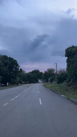 The video captures a quiet, empty asphalt road in Kosten, Bulgaria, at dusk or early evening. The sky is largely overcast with dark grey clouds, but a soft pink and purple glow is visible on the horizon, hinting at the setting or rising sun. Lush green trees line both sides of the road, which gently curves uphill and out of view. In the middle of the road, a small, dark animal, likely a cat, walks calmly away from the camera.

The road features clear white markings, including a broken center line and solid lines on the shoulders. A streetlamp is visible on the right side of the road, and power lines stretch across the distance. Through the trees on the left, glimpses of buildings or structures can be seen, along with a partially visible yellow sign. The visual scene is still and peaceful, creating a somewhat tranquil or melancholic atmosphere due to the dim lighting. However, this stillness is notably contrasted by the continuous sound of an emergency siren, possibly a wail tone, heard throughout the recording, adding an element of urgency or concern to the otherwise calm imagery. No people are visible, and no discernible text is present on any objects.