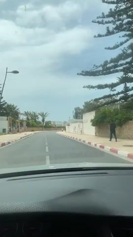 The video, filmed from the perspective of a moving car, shows a daytime drive along a paved road. The car's dashboard and steering wheel are visible in the foreground. The road ahead curves gently to the right, marked with a dashed white line in the center and red and white painted curbstones on both sides.

On the left side of the road, there are low walls, green foliage, and several tall palm trees, suggesting a warm climate. Further back on the left, a structure with an ornate gate is visible. On the right side of the road, there are white-walled buildings and more greenery. A person can be seen walking on the sidewalk in the distance on the right. The sky is partly cloudy, but the overall lighting indicates a bright day. The scenery suggests a residential or resort area, consistent with the provided context of Loualidia, Morocco. No specific activities or interactions are observed beyond the car driving and a person walking. There is no visible text.