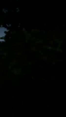 The video shows a twilight scene with a large yellow "LOVE" sculpture in the foreground. The sculpture has a red circle within the letter "O". The background features a body of water, possibly the sea, and a horizon line with land visible in the distance. The sky transitions from a dark blue at the top to vibrant orange and red hues near the horizon, indicating either sunrise or sunset. Silhouetted trees and foliage frame the scene on the left and right sides, creating a natural border. The lighting is dim, typical of dusk or dawn. There are no people or animals visible in the video.