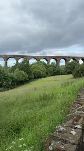 The video shows a long stone viaduct with multiple arches spanning across a green, grassy field. The viaduct is constructed of weathered stone blocks, and the arches are semicircular. Trees line the field behind the viaduct, and the sky above is cloudy. The foreground shows a low stone wall, also made of weathered stones, with some greenery growing on it. The camera is positioned at a slight upward angle, looking towards the viaduct. The overall impression is of a rural landscape with a historical architectural structure. There are no people or animals visible in the video. The lighting suggests it is daytime, possibly overcast.