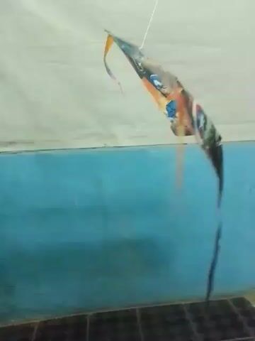 A kite with superhero imagery, possibly of Captain America and Iron Man, is spinning rapidly in front of a light-colored wall. A dark string extends from the kite downwards. The wall is supported by a blue-painted surface below. The floor appears to be tiled. The kite's movement suggests it is being held by a stick or string, and it is rotating on its axis.