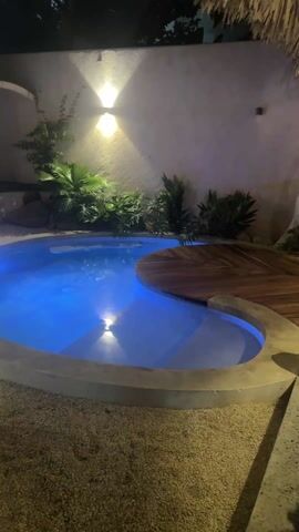 A young woman with long, dark hair, wearing a white top and loose green pants, approaches a small, illuminated pool at night. The pool is surrounded by a concrete border and has a semi-circular wooden deck extending over part of it. There are steps leading into the pool. The pool water is lit with a bright blue light. Lush green plants grow along the white wall behind the pool. Two lights shine down on the wall. The ground around the pool is covered in small gravel. The woman steps onto the wooden deck and dips her foot into the water.