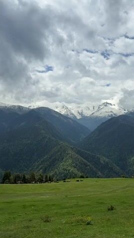 This is a vertical, eye-level, wide shot of a mountainous landscape. In the foreground is a lush, green grassy meadow with some small yellow flowers. In the middle ground, there is a line of evergreen trees, behind which are several small, scattered buildings. Beyond the trees, the scene transitions to rolling, heavily forested mountains. In the background, majestic, snow-capped mountain peaks rise high into a cloudy sky. The clouds are a mix of dark gray and white, with some patches of blue sky visible. The overall impression is one of natural beauty and vastness. There are no people visible in the video.