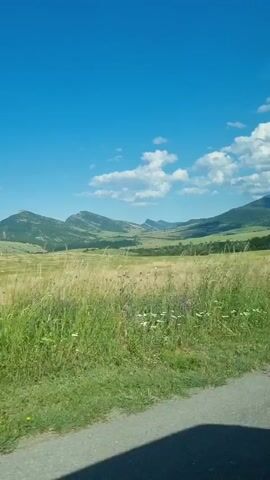 This is a vertical, slightly shaky video of a scenic landscape viewed from a moving vehicle. The foreground is dominated by a lush green field with tall grass and some wildflowers, bordering a gray road on the bottom right. In the midground, rolling hills covered in dry, golden grass stretch towards a range of green mountains in the background. The sky is a vibrant, clear blue with a few scattered white clouds. The overall impression is one of a sunny day in a rural, mountainous region.