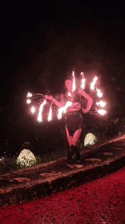 Fire dancer performs nighttime routine in Blahbatuh, Indonesia