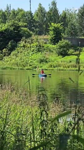 The video shows a person on a paddleboard on a calm body of water. The person is wearing an orange shirt and is holding a paddle. The paddleboard is blue. The water is green and reflects the surrounding vegetation. There is a lush green hillside with trees in the background. In the distance, another person can be seen standing in the water. The foreground of the video is filled with tall green grass. The sky is bright and sunny.