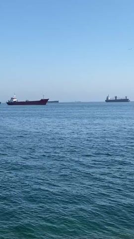A panoramic video captures a vast expanse of calm blue water under a clear blue sky. On the horizon, several large cargo ships are visible, scattered across the tranquil sea. In the foreground, the water meets a rocky shore, with some of the rocks partially submerged. A faint sound of singing accompanies the scene.