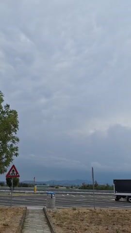 A slow-motion vertical video pans upward to reveal a cloudy sky over a semi-arid landscape. In the foreground, dry grass covers the ground, with a paved walkway leading toward a street. A pedestrian crossing sign with a red border and white background stands on the left side of the walkway. A mature tree with green foliage is positioned to the left of the walkway. Beyond the walkway is a paved road with several vehicles, including a white truck with a trailer, a white bus, and a dark-colored car. In the distance, a low range of hills or mountains is visible under the overcast sky. The overall impression is one of a roadside scene on a cloudy day.