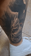 Detailed black and grey demon face tattoo, Japanese folklore style
