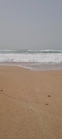 The video shows a beach on a cloudy day. The sand is a light tan color, and there are small pieces of debris scattered across it. Waves with white foamy crests are rolling in and washing onto the shore. The water is a turquoise color. The sky is overcast and gray. There are no people visible in the frame.