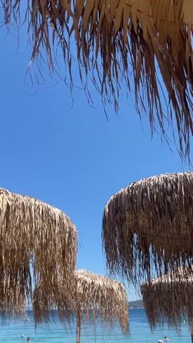 The video displays a bright, sunny day at a beach. In the foreground, several thatched umbrellas are visible, their dry fronds casting shadows and creating a rustic, tropical atmosphere. Through the gaps between the umbrellas and under their canopies, a clear blue sky dominates the upper portion of the frame. Below the umbrellas, a calm, turquoise body of water stretches towards a distant shoreline. A few indistinct figures of people can be seen in the water, some appearing to swim. The overall impression is one of a relaxing beach vacation scene.