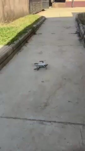 A small gray drone sits on a concrete walkway, then lifts off. The walkway is bordered on both sides by grass and low concrete walls. Beyond the walkway is a house with a brown exterior and white roof. A brown gate, secured with barbed wire, is visible in front of the house. The sky is blue and clear.