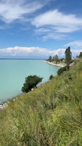 The video shows a vast expanse of turquoise water under a bright blue sky with scattered white clouds. The camera pans slowly along a shoreline covered in green grass and scattered rocks. A few trees are visible along the bank, with more in the distance. The water is calm and reflects the sky. The overall impression is one of natural beauty and tranquility.