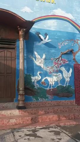 The video shows the exterior of a building with a mural painted on its wall. The mural, set against a blue background, depicts various elements of nature, including birds, a rainbow, fish, a turtle, trees, and what appears to be a building on stilts. The building itself has a brown double door flanked by ornate gold columns and a small set of red-tiled steps leading up to it. The area in front of the building is paved, with some loose dirt and debris scattered about. The video pans from left to right, showcasing the entire mural.